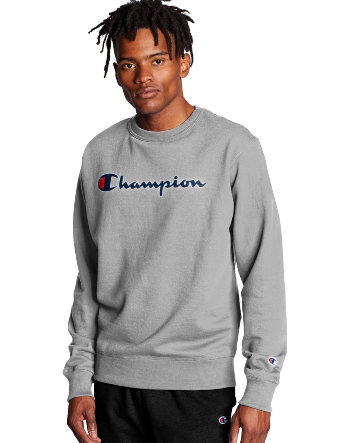 Champion Herre Sweatshirt Grå - Powerblend Crew Script Logo - Danmark KMT-870431